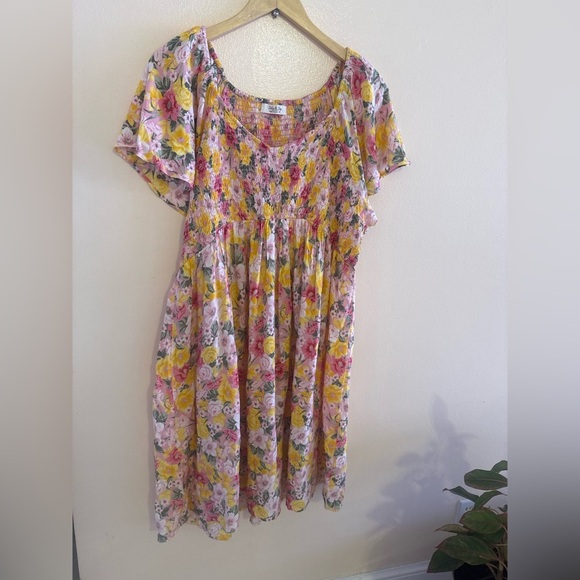Jolie & Joy Women's Pink Yellow Flowy Ruffle Floral Smocked Mini Dress Size 2X - Picture 10 of 14